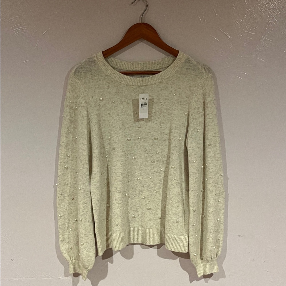 NWF LOFT Women's Cream Crew Neck Sweater with pearls